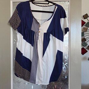 Blue, tan & white blouse - size L